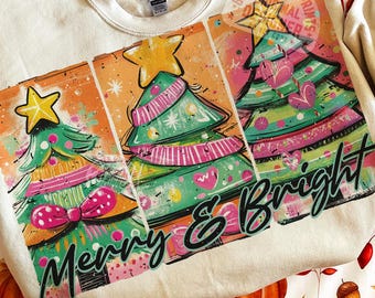 Preppy Christmas PNG: Merry & Bright Brushstroke Tree (Digital Download)