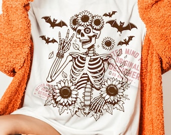 Spooky Season Skeleton PNG: Funny Halloween Sunflower Design (Digital Download)