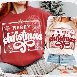 May include: A maroon sweatshirt and a cream-colored t-shirt, both featuring a white and red "Merry Christmas" design. The design includes snowflakes, stars, and Christmas trees. The image also shows the words "SVG, PNG, EPS, DXF, DIGITAL DOWNLOAD".