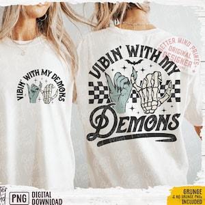 Vibin With My Demons PNG Funny Halloween PNG Retro Halloween Png Front and Back Halloween Shirt Png Spooky Season Png Skeleton Peace Png