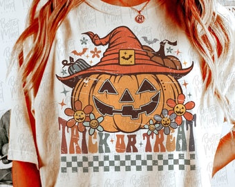 Retro Halloween Pumpkin PNG: Trick or Treat Shirt Design (Digital Download)