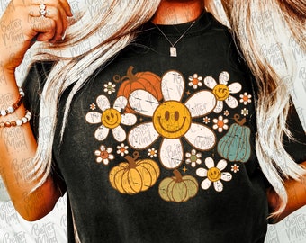 "Retro Herbst Shirt PNG, Vintage Thanksgiving Kürbisse, Blumen (Digitaler Download)