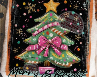 Merry and Bright Christmas Brushstroke PNG: Preppy Coquette Design (Digital Download)