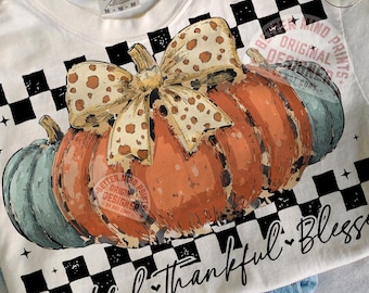 Grateful Thankful Blessed PNG: Retro Pumpkin Coquette Bow Design (Digital Download)