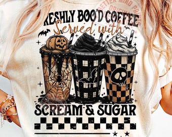 Halloween Coffee PNG: Spooky Retro Checkered Design (Digital Download)