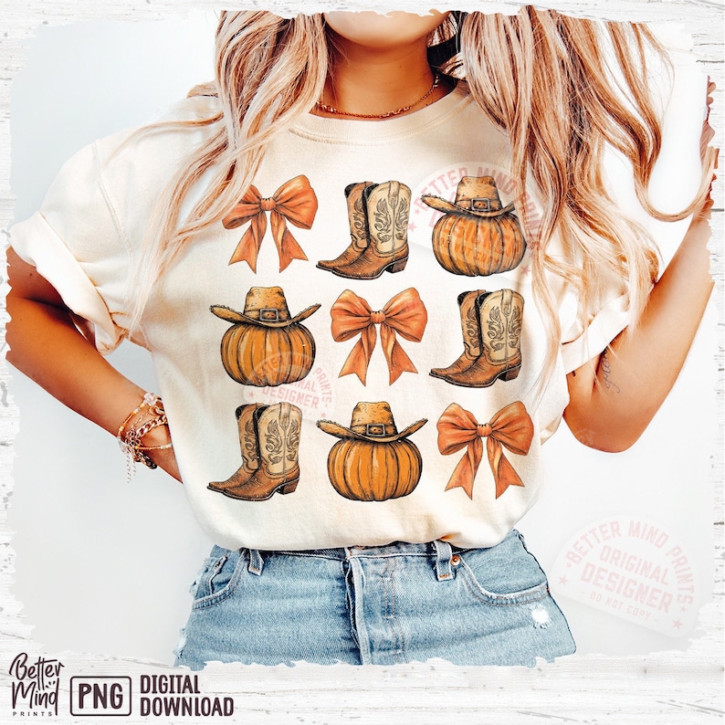 May include: A white t-shirt with a pattern of brown cowboy boots, orange pumpkins, and pink bows. The shirt has the text "Better Mind Prints. Original Designer" on the bottom right corner.