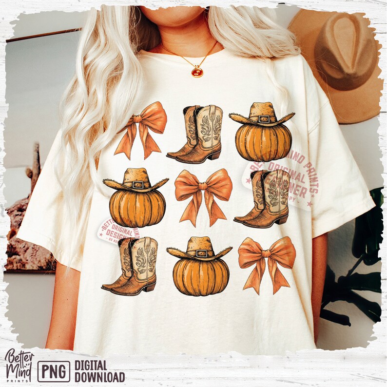 May include: A white t-shirt with a pattern of orange pumpkins, brown cowboy boots, and orange bows. The text "Original Designs" is visible on the shirt.