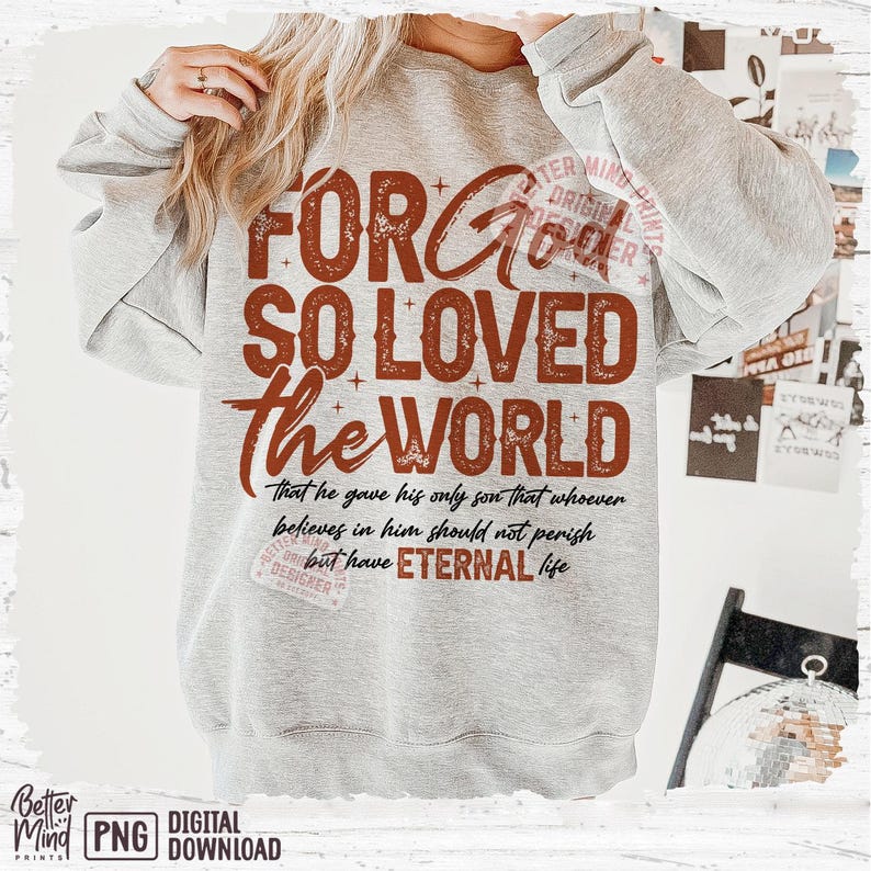 May include: A gray sweatshirt with a distressed brown graphic that reads "For God so loved the world that he gave his only son that whoever believes in him should not perish but have eternal life".