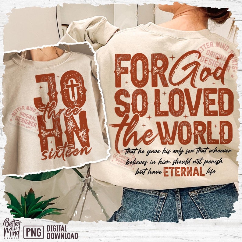 May include: A beige sweatshirt with a distressed brown design that reads "For God so loved the world that he gave his only son that whoever believes in him should not perish but have eternal life". The sweatshirt also has a distressed brown design that reads "John three sixteen".