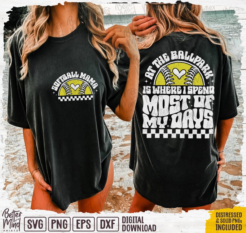 May include: Black t-shirt with a white graphic design featuring a softball with a heart and the text "Softball Mama". The back of the shirt has a white graphic design with a softball and the text "At the Ballpark is where I spend most of my days".