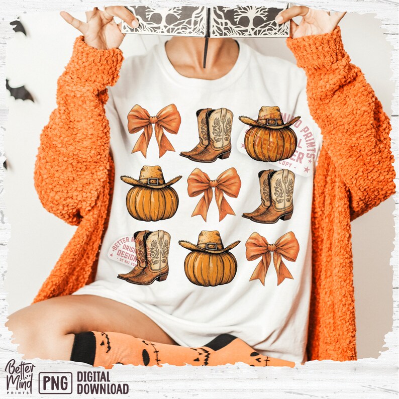 May include: A white t-shirt with a pattern of orange pumpkins, cowboy boots, and bows. The text "Hand Prints" is on the shirt.