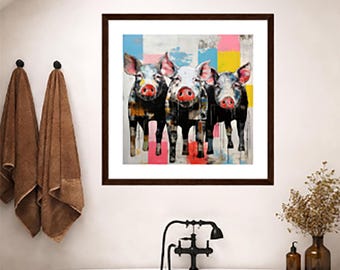 Three Pigs Farmhouse Framed Wall Art Bold Abstract Animal Print