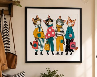 Whimsical Cat Wall Art Fashion Illustration Colourful Animal Print Modern Home Decor Unframed Gift