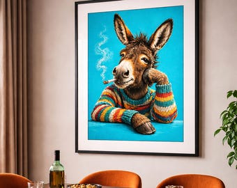 Funny Donkey Smoking Poster, Bachelor Pad Wall Art, Quirky Animal Gift For Him Decor