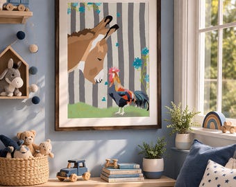 Donkey and Rooster Friendship Print, Farm Animal Nursery Wall Art