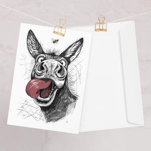 Quirky Donkey Card, Hand Drawn Graphite Animal Illustration, Blank Greeting Note, Funny Farm Design,