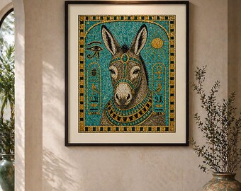 Egyptian Mosaic Donkey Wall Art Turquoise Gold Hieroglyphic Ancient Style Digital Print Decor