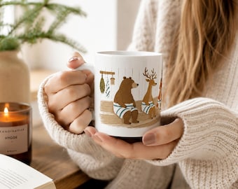 Nordic Sauna Mug Scandinavian Animal Coffee Cup Finnish Hygge Gift Cozy Woodland Decor