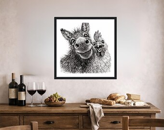 Animal Selfie Framed Print Donkey Chicken Pen Ink Art