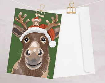 Hand Painted Donkey Christmas Card: Festive Animal Art (5x7)