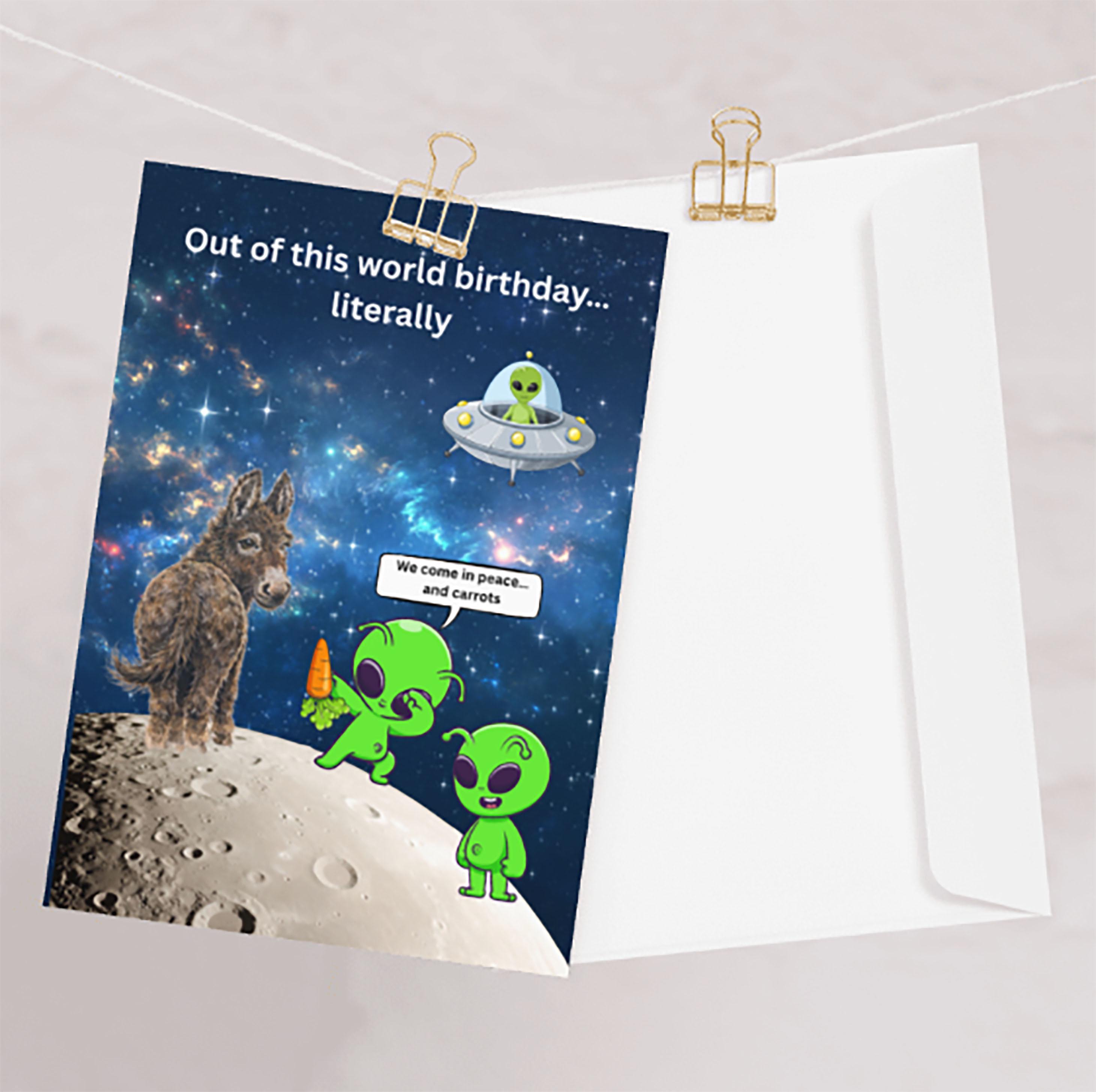 Funny Alien Donkey Birthday Card, Space Humor, Quirky Moon Greeting ...