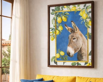 Mediterranean Donkey Wall Art, Lemon Botanical Poster Print, Coastal Home Decor, Rustic Kitchen Artwork