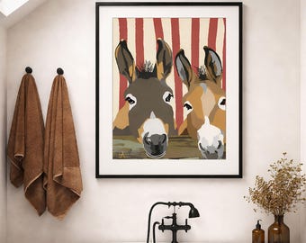 Donkey Couple Print, Funny Animal Wall Art, Farmhouse Poster, Rustic Stripes