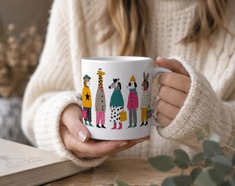 Nordic Animal Fashion Mug Scandinavian Style Coffee Cup Whimsical Donkey Woodland Character Ceramic