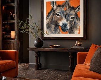 Bold Donkey Wall Art Print Rustic Animal Portrait Orange Background Square Home Decor Gift