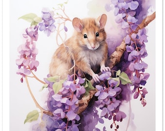 Mouse and Wisteria Watercolour Print | Cottagecore Botanical Dormouse Art