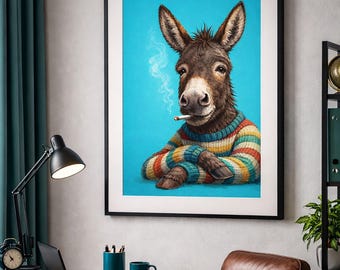 Funny Donkey Office Print, Smoking Animal Portrait, Unique Wall Art Gift For Him