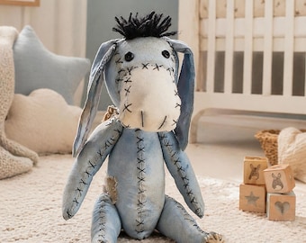 Primitive Donkey Plush Collectable Toy Rustic Handmade Soft Fabric Art Doll Gift