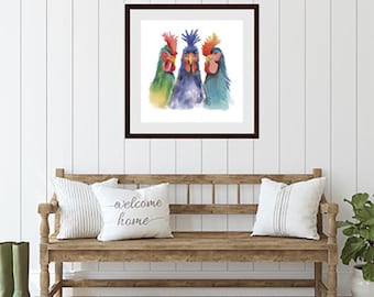 Watercolour Rooster Print | Farmhouse Kitchen Wall Art, Jewel Tones (Framed)