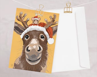 Hand-Painted Donkey Christmas Cards with Mouse – Whimsical Animal Holiday Set (10 Cards, 5x7")