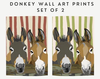 Set of 2 Donkey Wall Art Prints, Rustic Farmhouse Kitchen Decor, Botanical Animal Art