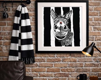 Black White Donkey Wall Art, Football Donkey Gift, Funny Animal Print, Man Cave Decor