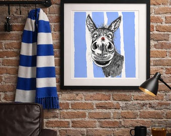 Football Donkey Wall Art Print, Funny Animal Gift, Blue Stripe Poster, Man Cave Decor