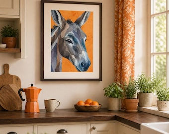 Modern Donkey Portrait Print: Orange Animal Art, Rustic Decor