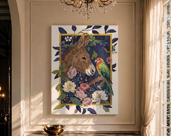 Elegant Donkey Parrot Botanical Canvas Art, Nature Inspired Statement Decor