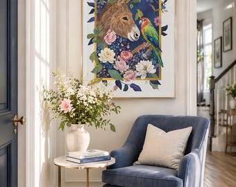Elegant Donkey Parrot Botanical Fine Art Print, Floral Animal Painting, Statement Home Decor