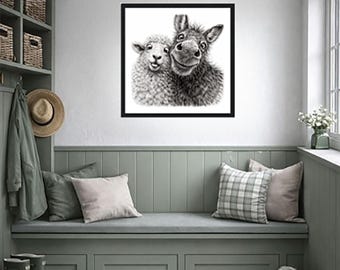 Framed Farmyard Animal Wall Art Donkey Sheep Pen Ink Selfie