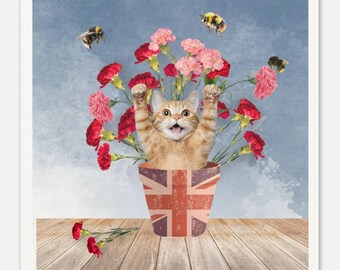 Ginger Cat Print with Carnations – Union Jack Flower Pot Print