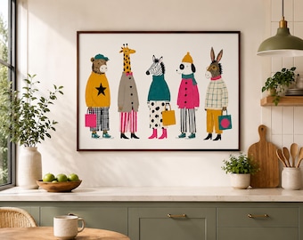 Fashion Week Animal Print Colourful Donkey Zebra Giraffe Bear Dog Wall Art Contemporary Illustration