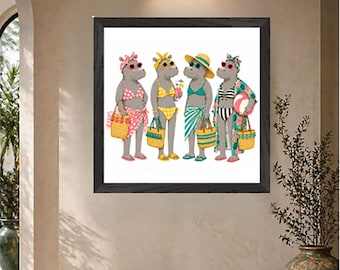 Funny Hippo Beach Fashion Art Print | Animal Poster Wall Decor | Framed Options