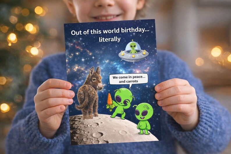 Funny Alien Donkey Birthday Card, Space Humor, Quirky Moon Greeting ...