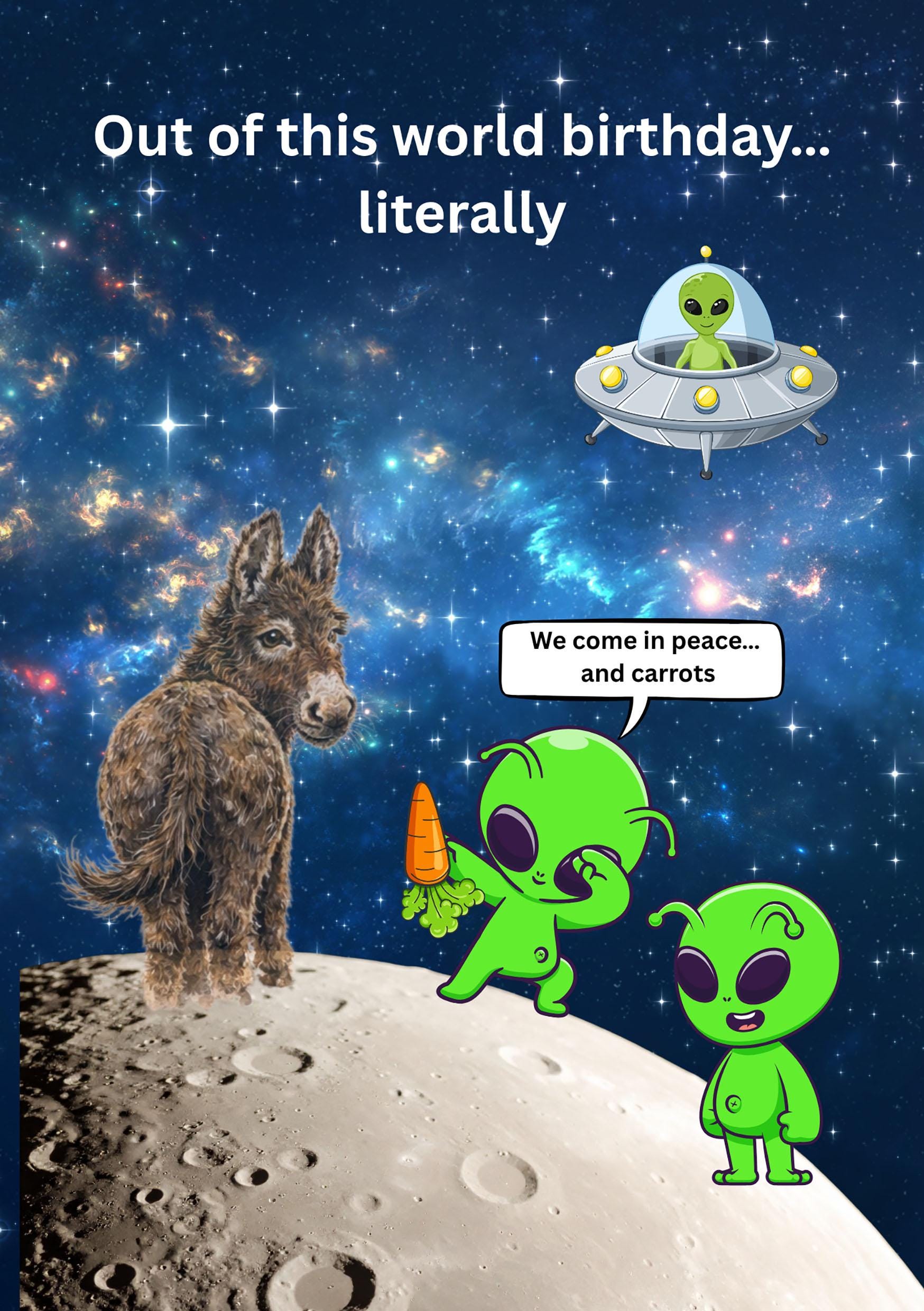 Funny Alien Donkey Birthday Card, Space Humor, Quirky Moon Greeting ...