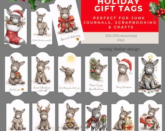 Luxury Donkey Christmas Gift Tags Printable Vintage Holiday Tags Rustic Ephemera 15 Pack