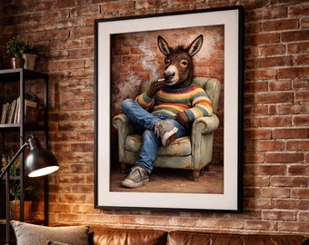 Funny Donkey Portrait Poster Print, Quirky Animal Wall Art For Stepdad Humor