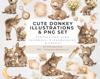 Donkey Clipart Bundle, Junk Journal Ephemera Kit, Baby Donkey PNG, Scrapbook Printable, Instant Download