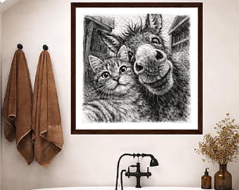 Donkey and Cat Selfie Framed Pen Ink Animal Poster Print